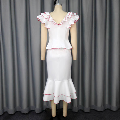 Women's Ruffled Contrast Color Two-Piece Skirt Suit