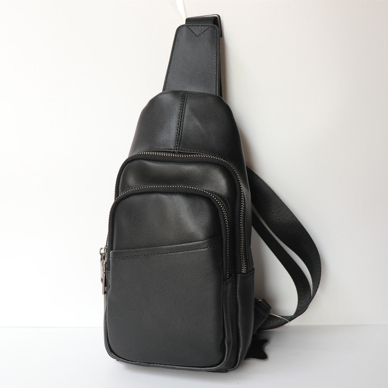 Black Top Layer Cowhide Leather Japanese Casual Chest Bag - Crossbody Sling Bag