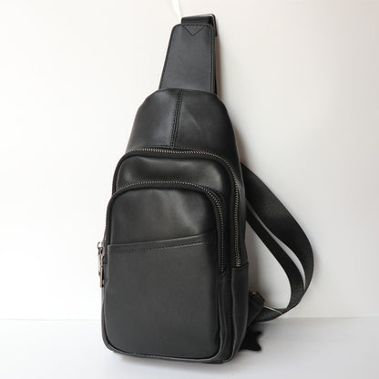 Black Top Layer Cowhide Leather Japanese Casual Chest Bag - Crossbody Sling Bag