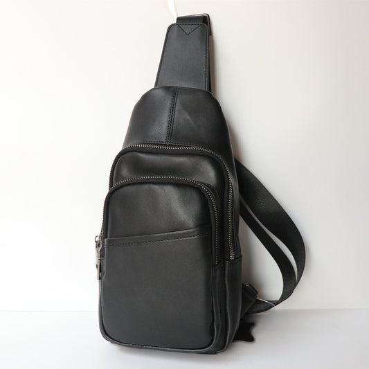 Black Top Layer Cowhide Leather Japanese Casual Chest Bag - Crossbody Sling Bag