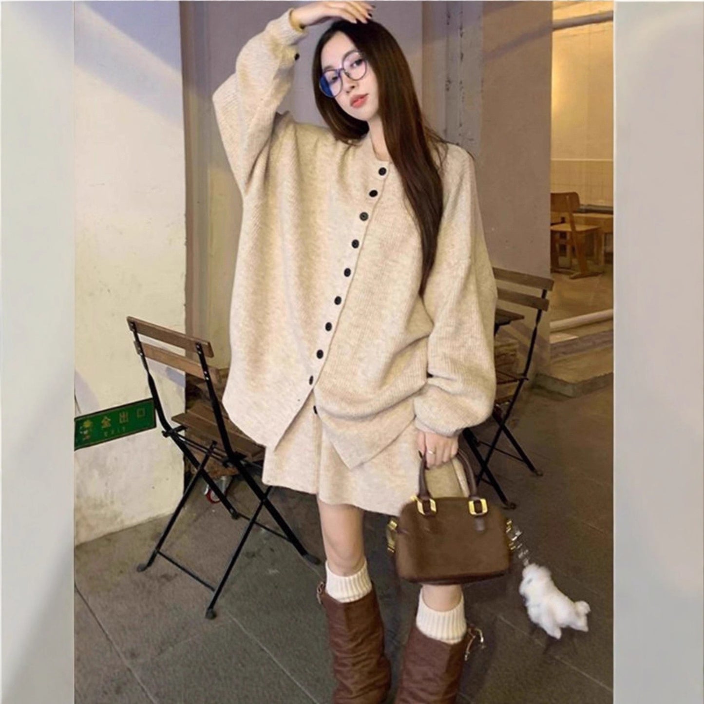 Knitted Two-Piece Set - Lambswool Cardigan Jacket & Mini Skirt with Jacquard Detail