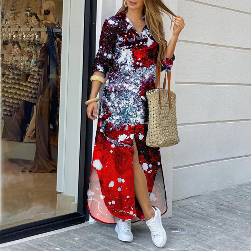Women's Fashion Long Sleeve Printed Maxi Dress - Irregular Hem Single-Breasted Dress