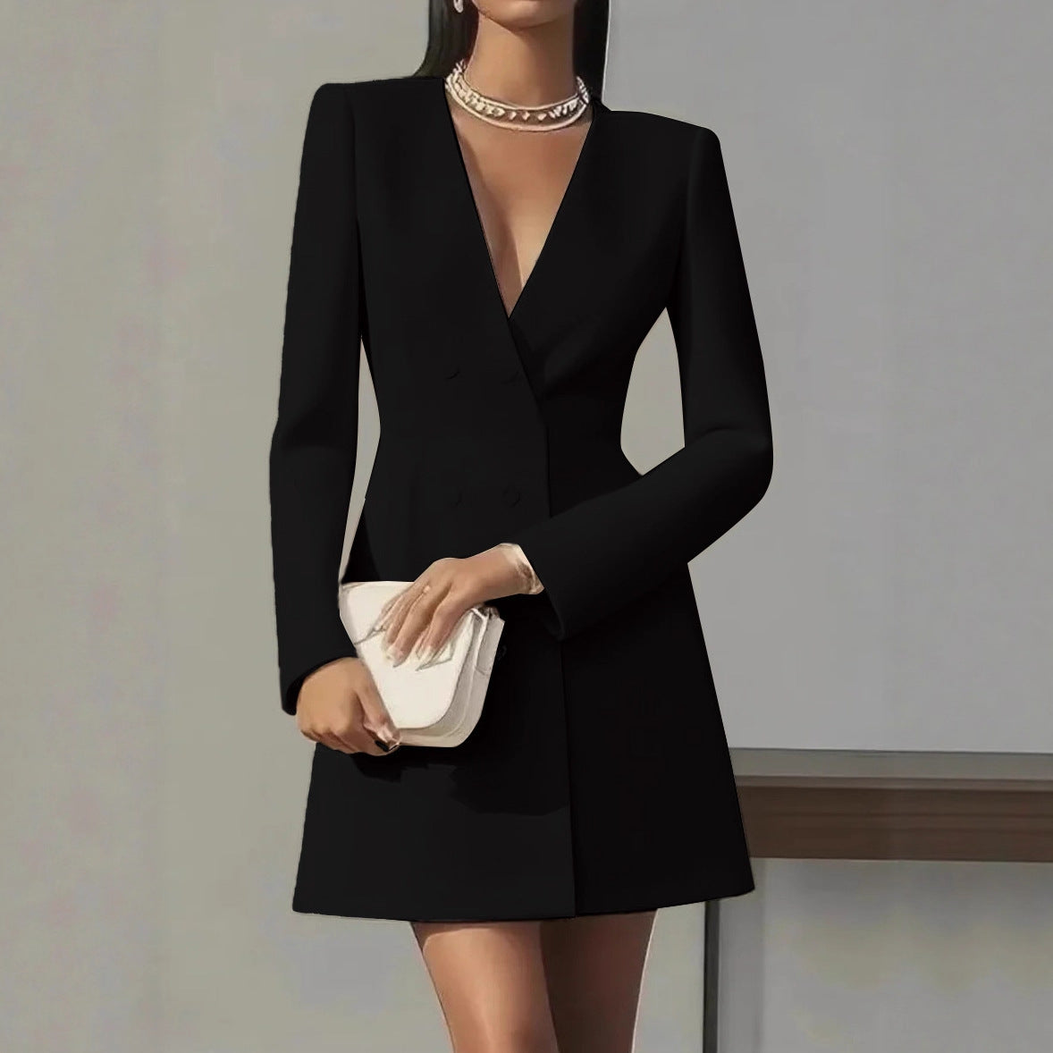 Women's V-Neck Button-Front Dress - Elegant Commuter Style
