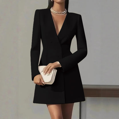 Women's V-Neck Button-Front Dress - Elegant Commuter Style