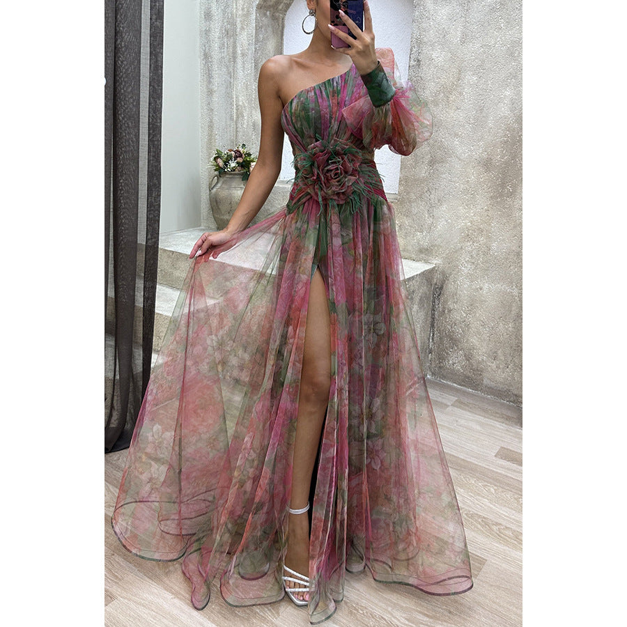 Women's Mesh Tie-Dye Printed Off-Shoulder Slit Maxi Dress - Summer Party Dress