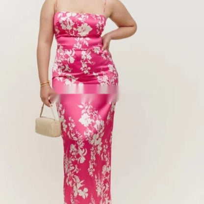Women's Floral Print Silk Sleeveless Maxi Dress - Split Slit Waist Tie Dress