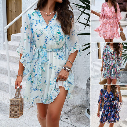 Floral Print V-Neck Dress - Summer Short Sleeve Dress with Ruffles