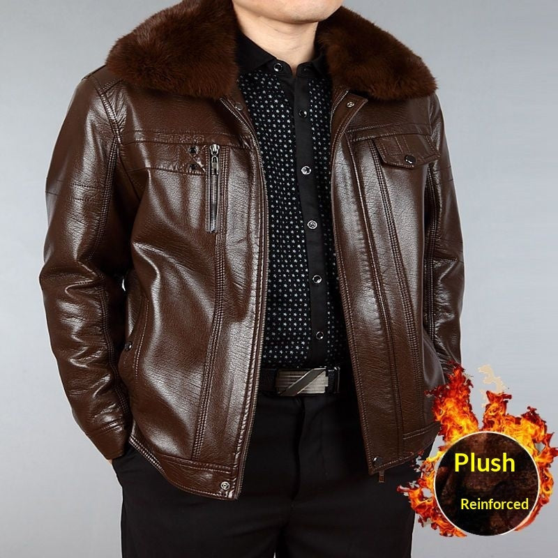 Men's Leather Jacket with Lapel and Fur Collar - Casual Outerwear for Middle-Aged