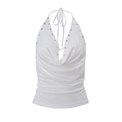 Women's Asymmetric Ruffled Neckline Vest with Tie Details - Halter Neck Slim Fit Top