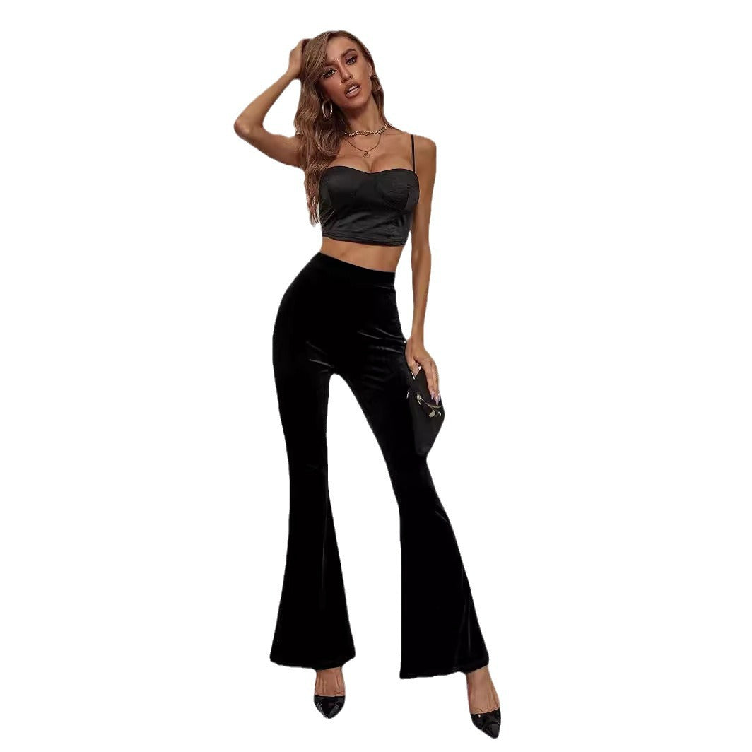 Women's High Waist Velvet Flared Pants - Slim Fit Solid Color Trousers