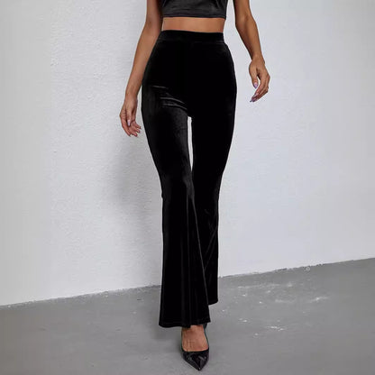 Women's High Waist Velvet Flared Pants - Slim Fit Solid Color Trousers