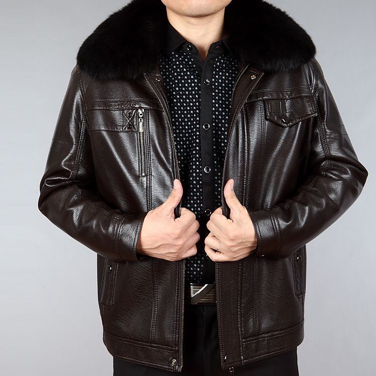 Men's Leather Jacket with Lapel and Fur Collar - Casual Outerwear for Middle-Aged