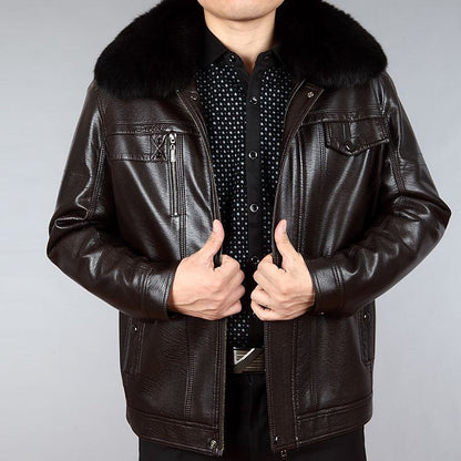Men's Leather Jacket with Lapel and Fur Collar - Casual Outerwear for Middle-Aged