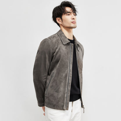 Genuine Sheepskin Suede Leather Jacket - Men's Lambskin Lapel Biker Jacket