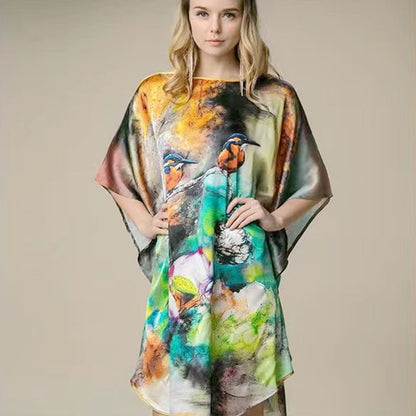Women's Luxe Silk Bat Sleeve Nightdress - 100% Mulberry Silk Loose Fit Pajama Dress with Inkjet Prints