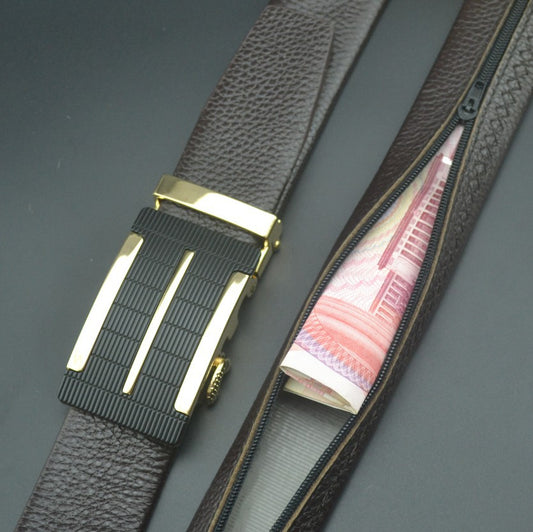 First Layer Cowhide Leather Belt with Hidden Money Compartment - Automatic Buckle