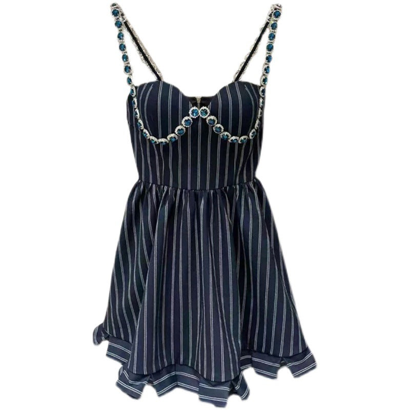 Diamond-Studded Striped Halter Dress - A-Line Ruffled Waist Skirt