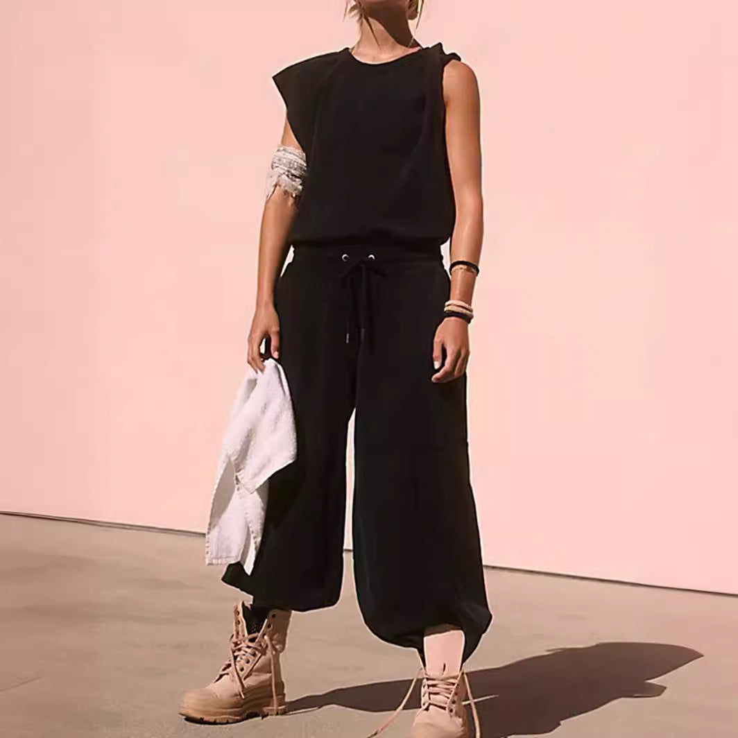 Sleeveless Backless Jumpsuit - Loose Fit with Elastic Waist and Pockets