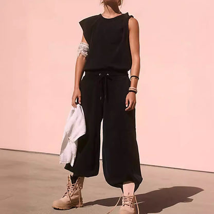 Sleeveless Backless Jumpsuit - Loose Fit with Elastic Waist and Pockets