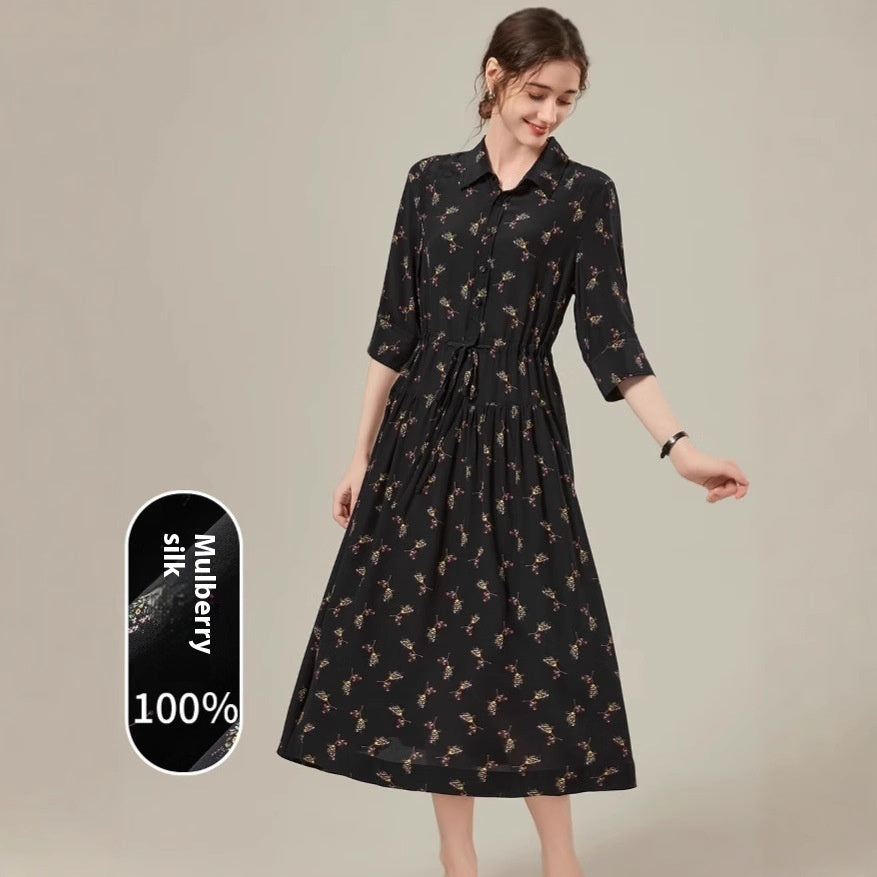 Women's Floral Mid-Length Shirt Dress - Mulberry Silk Jacquard in Classic Black