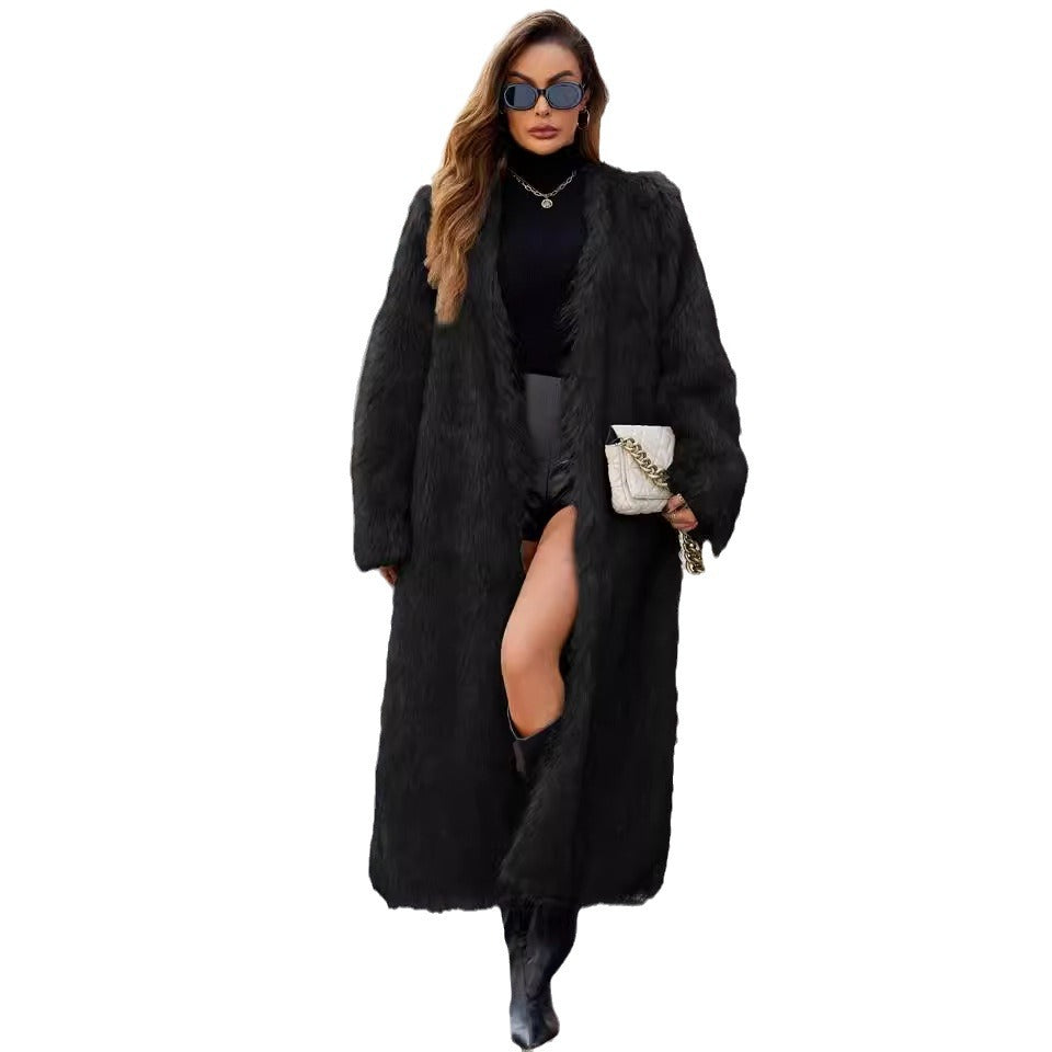 Women's Extended-Length Faux Fur Coat with V-Neck - Elegant Commuter Style