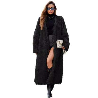 Women's Extended-Length Faux Fur Coat with V-Neck - Elegant Commuter Style