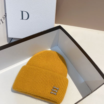 Women's Rabbit Fur Knitted Hat with Buckle - Winter Dome Crown Beanie