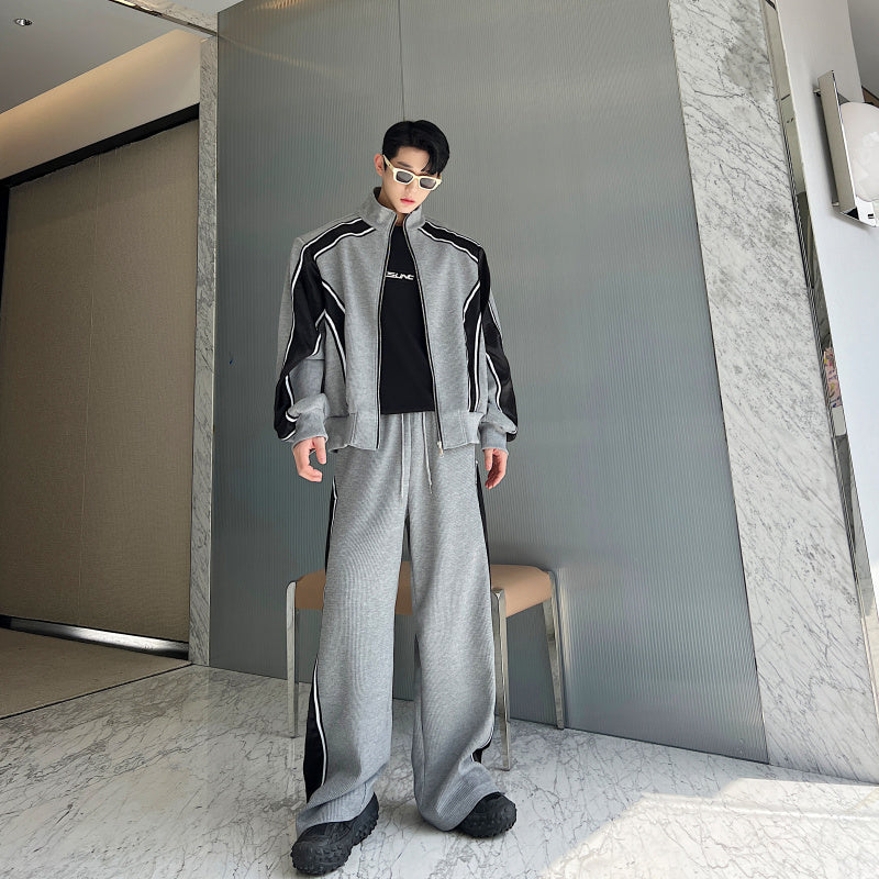Men's Standing Collar Cardigan Hoodie Set - Cotton Blend Jacket and Pants
