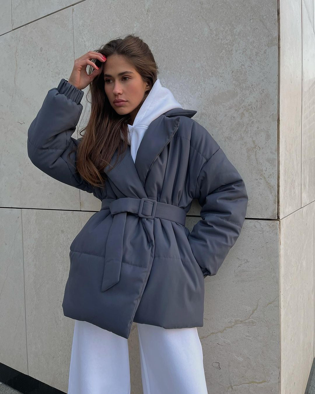 Women's Winter Lapel Waisted Cotton Coat - Slim Fit Solid Color Overcoat