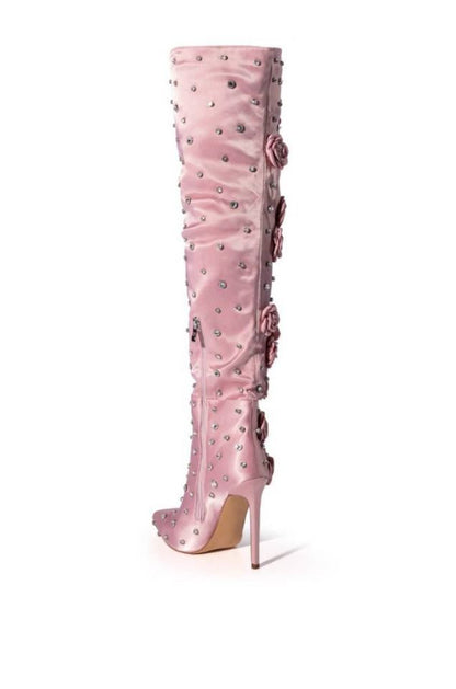 Silk Cloth Over-the-Knee Boots with Rivet Rose Detail - Stiletto Heel