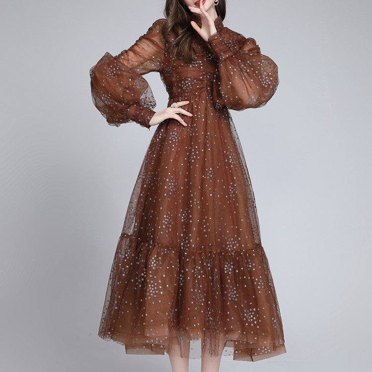 Women's Starlit Mesh Silk Wrap Dress - Shimmering Star Print Evening Dress with Metallic Accents