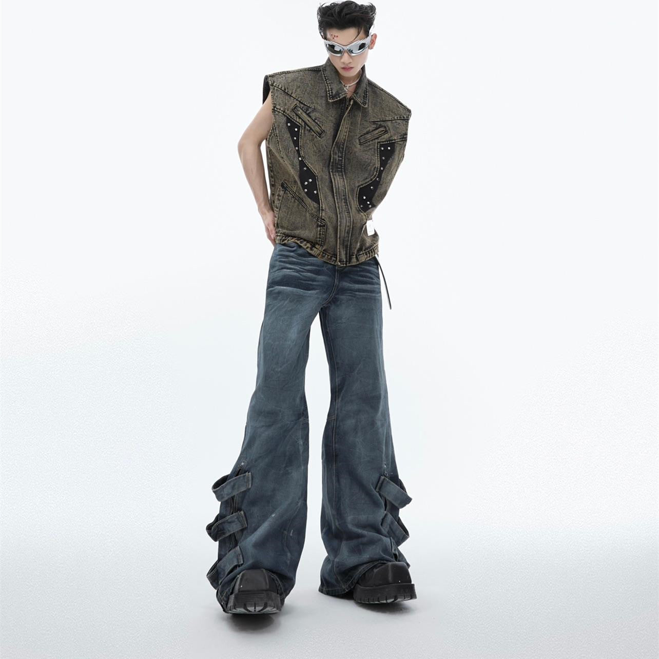 Men's Pleated Washed Straight Jeans - Casual Cotton Blend Denim Pants