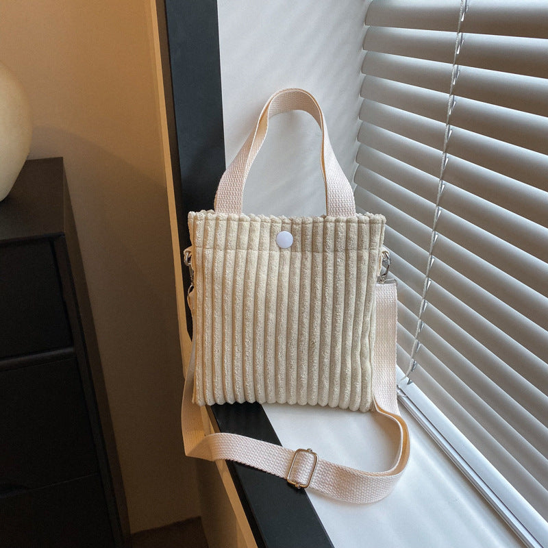 Corduroy Bucket Bag - Solid Color Crossbody Shoulder Bag with 3D Pocket