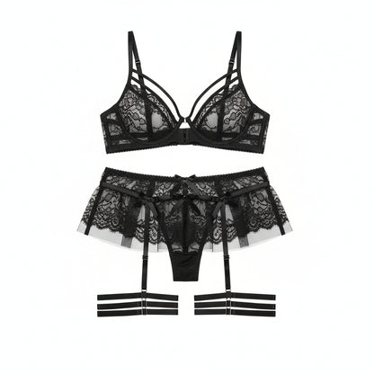 Women's Embroidered Mesh Lingerie Four-Piece Set - Delicate Pleated Design