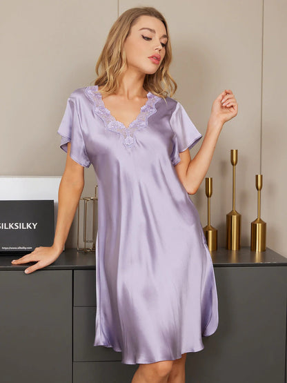 Silk Short-Sleeve Midi Nightdress - 100% Pure Silk Sleepwear