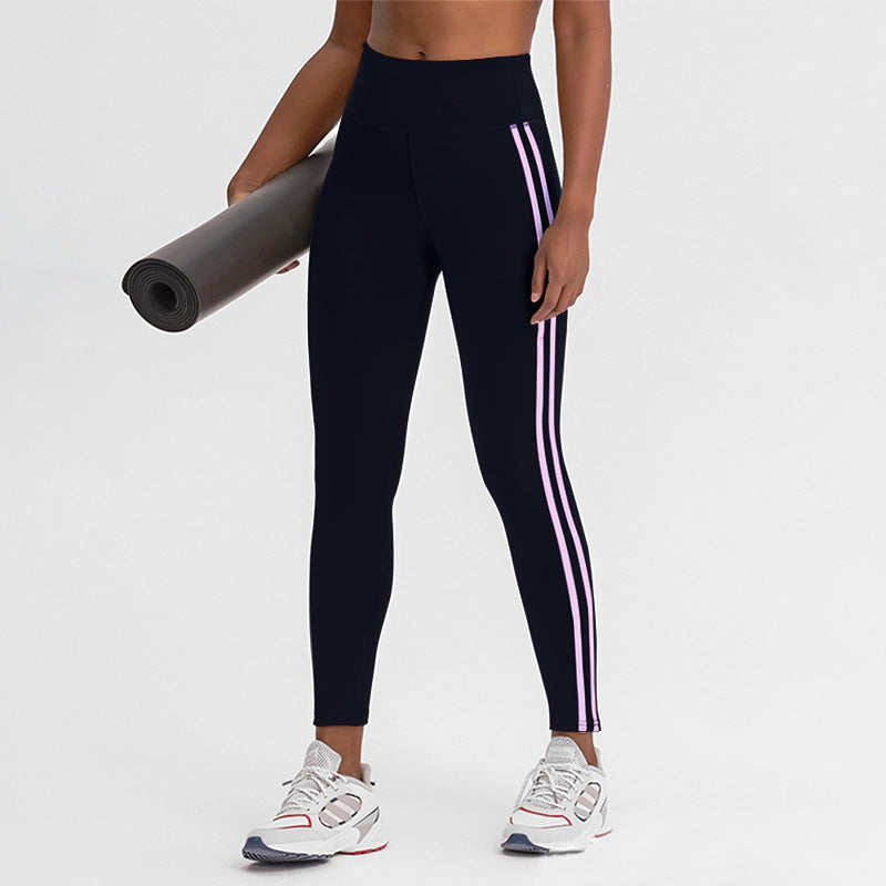 Side Striped High-Waist Hip-Lift Fitness Pants - Leisure Sport Leggings