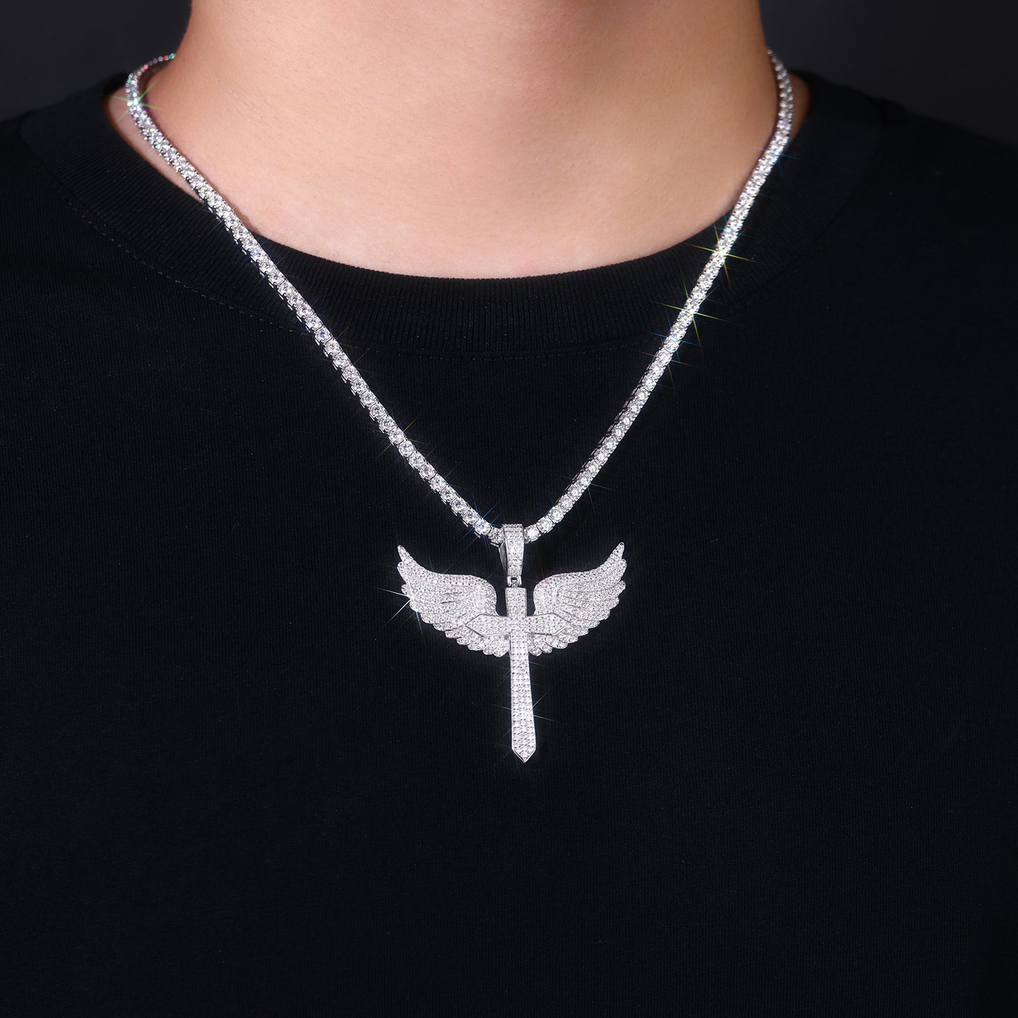 Angel Wings Moissanite Necklace Pendant - S925 Sterling Silver Platinum Plated