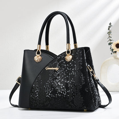 Elegant Spacious Shoulder or Crossbody Bag - PU Leather with Sequin Detail