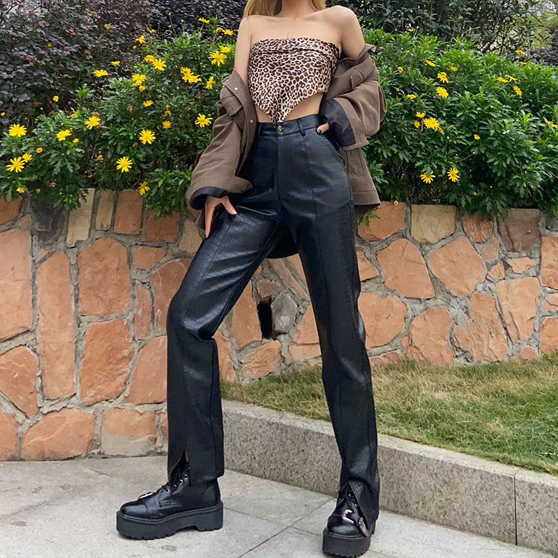 High Waist Split Leg Motorcycle Leather Pants