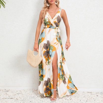 V-Neck Floral Print Maxi Dress - Sleeveless Summer Dress with Waist Tie and Slit