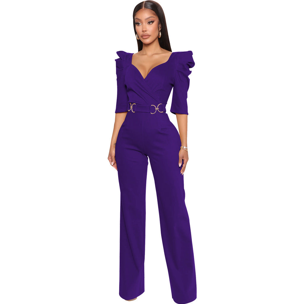 Long Sleeve V-Neck Wide Leg Jumpsuit - Women's Elegant One Piece