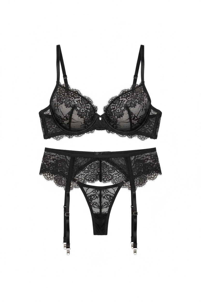 Embroidered Lingerie Set - Three-Piece Underwire Bra Collection