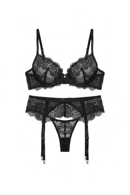 Embroidered Lingerie Set - Three-Piece Underwire Bra Collection