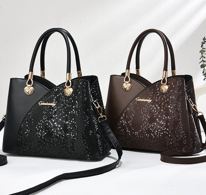 Elegant Spacious Shoulder or Crossbody Bag - PU Leather with Sequin Detail