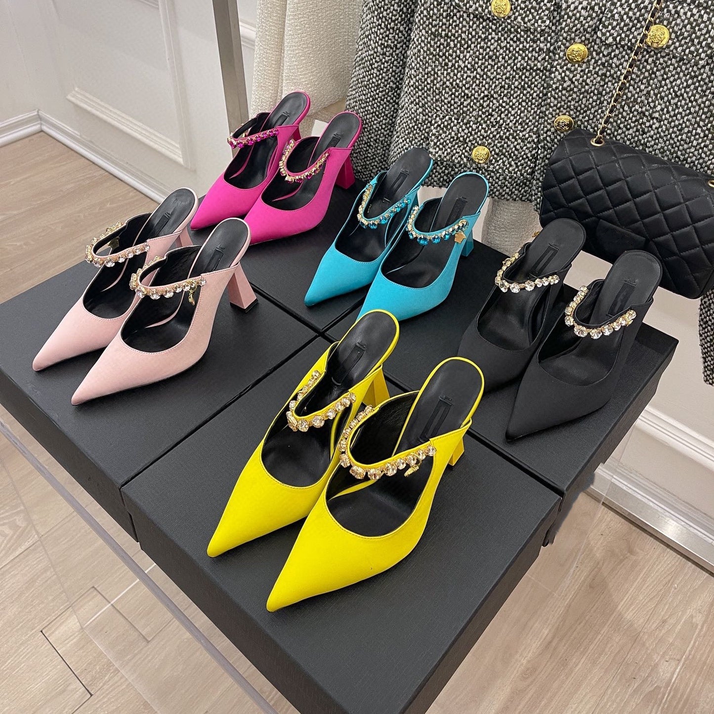 Premium Silk Rhinestone Pointed Toe Slippers - Elegant Women's Mules