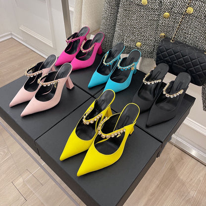 Premium Silk Rhinestone Pointed Toe Slippers - Elegant Women's Mules