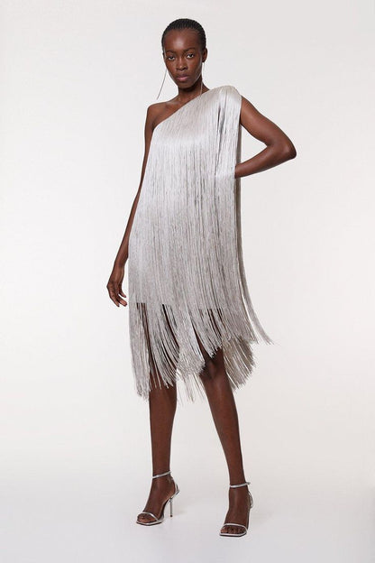Sleeveless Asymmetric Tassel Midi Dress | Mid-Rise Party Dress