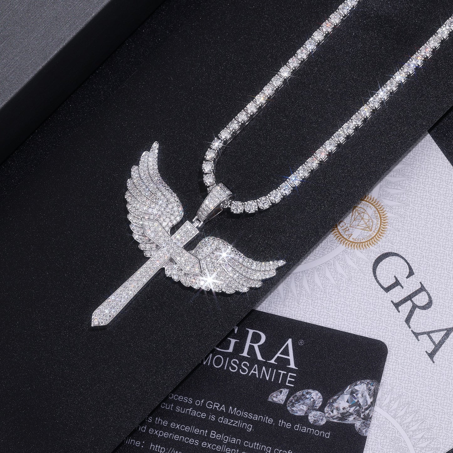 Angel Wings Moissanite Necklace Pendant - S925 Sterling Silver Platinum Plated