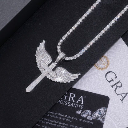 Angel Wings Moissanite Necklace Pendant - S925 Sterling Silver Platinum Plated