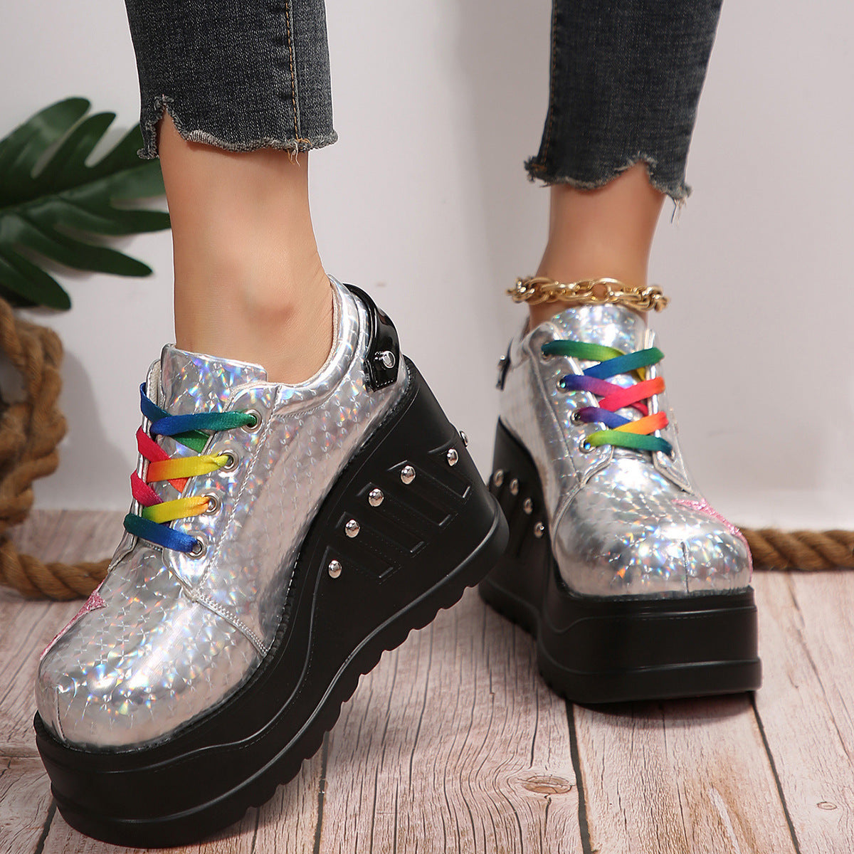 Punk Style Platform Shoes - Women's High Heel Rivet Detail Casual Shoes